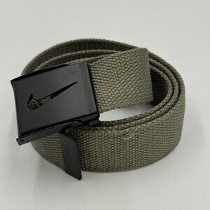 Nike Gray Canvas Belt Mens One Size Adjustable Black Buckle Swoosh Logo 1.5" W